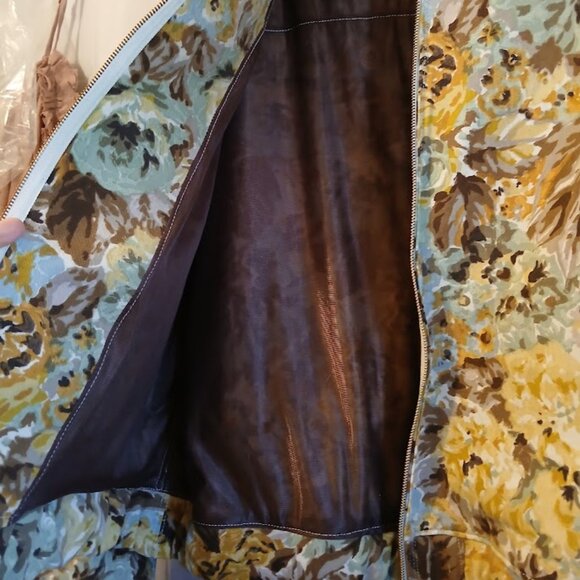 Nwt Floral Roses Twill Denim Full zip up Jacket Coat womens M Mint Brown Mustard - Picture 7 of 12